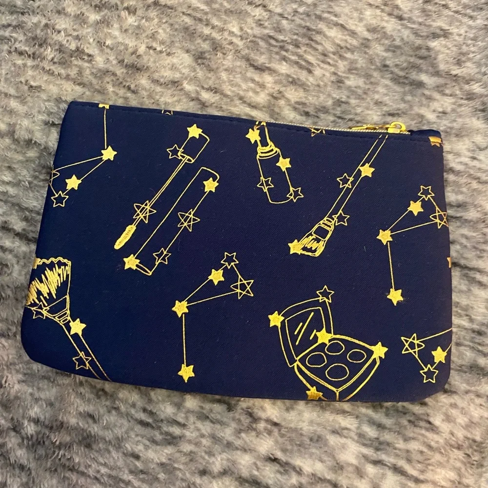 ipsy Blue and Gold Cosmetic Bag with Celestial makeup brush Pattern
